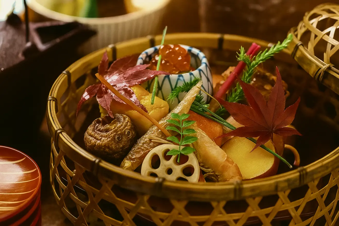 温かみのある色の竹で編まれた丸い籠の中に、秋の味覚が豊かに盛り付けられています。中央には、青と白の模様の入った小さな器にイクラのような赤い粒が盛られ、その周りには、焼き栗、レンコン、カボチャのような黄色い食材、きのこ、海老芋、そして紅葉したモミジの葉が添えられ、秋の深まりを感じさせる彩りとなっています。