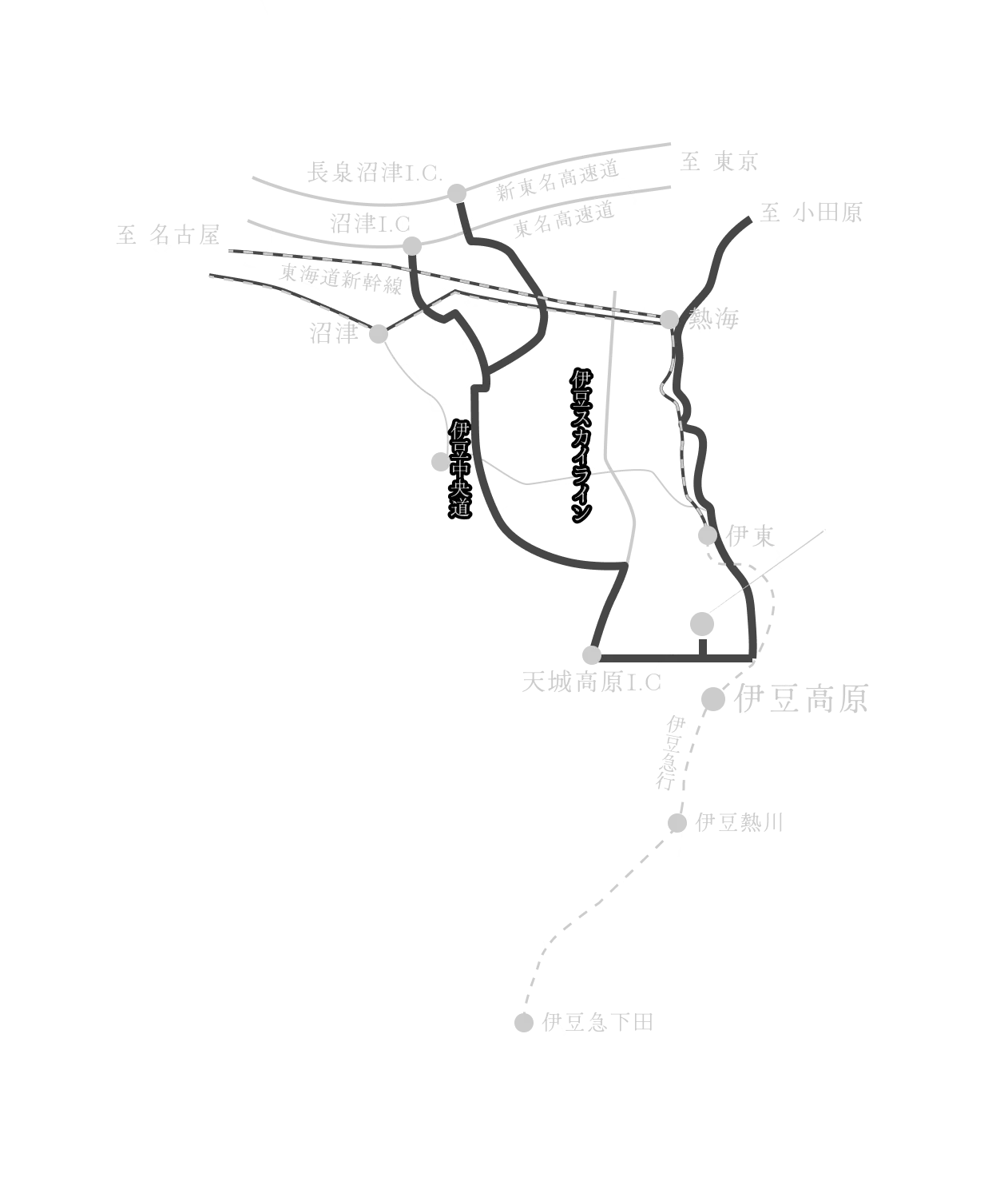 伊豆半島を中心とした交通アクセスマップ。主要な高速道路、鉄道、そして「伊豆スカイライン」が強調して描かれており、伊東市にある「お宿うち山」へのアクセスを示す地図である。地図上部には、東京や東名高速道路からのアクセスルートが示されており、伊豆スカイラインが伊東市方面から南下していく様子がわかる。伊東駅から海岸線沿いに南へ進んだ場所に「お宿うち山」の具体的な位置が示されている。長泉沼津I.Cと沼津I.Cから天白高原I.Cを通って、お宿うち山へ線が描かれている。